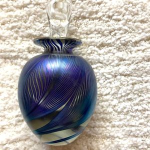 Gorgeous glass signed perfume bottle iridescent feathered from London vintage